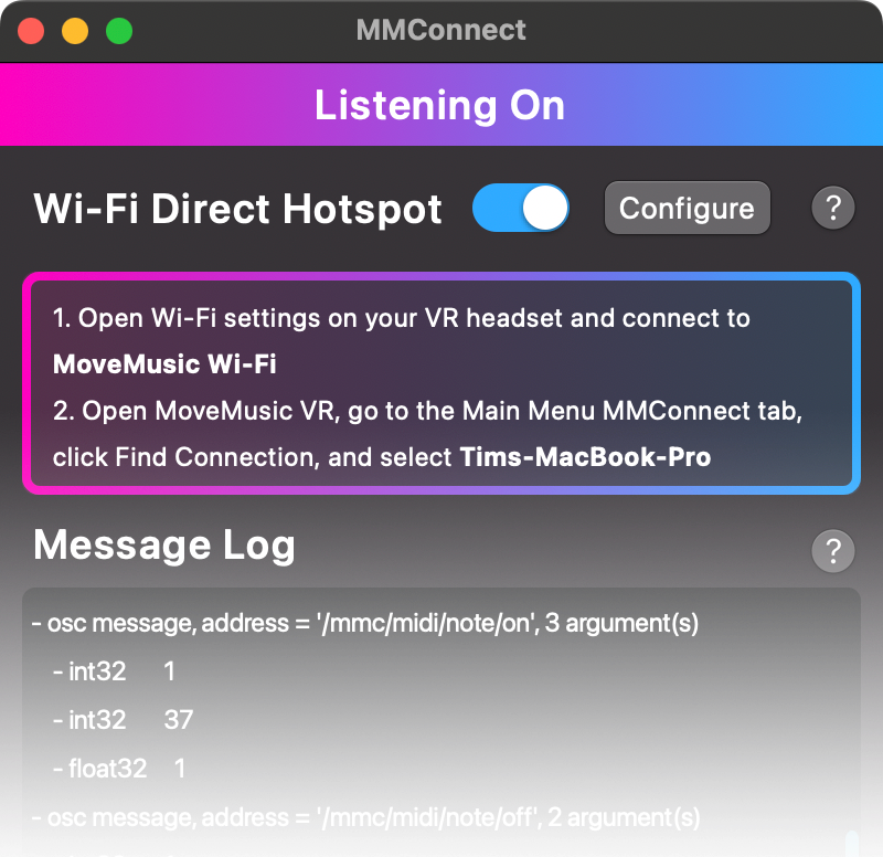 MMConnect software window that shows Wi-Fi connection on and messages received from a VR headset.