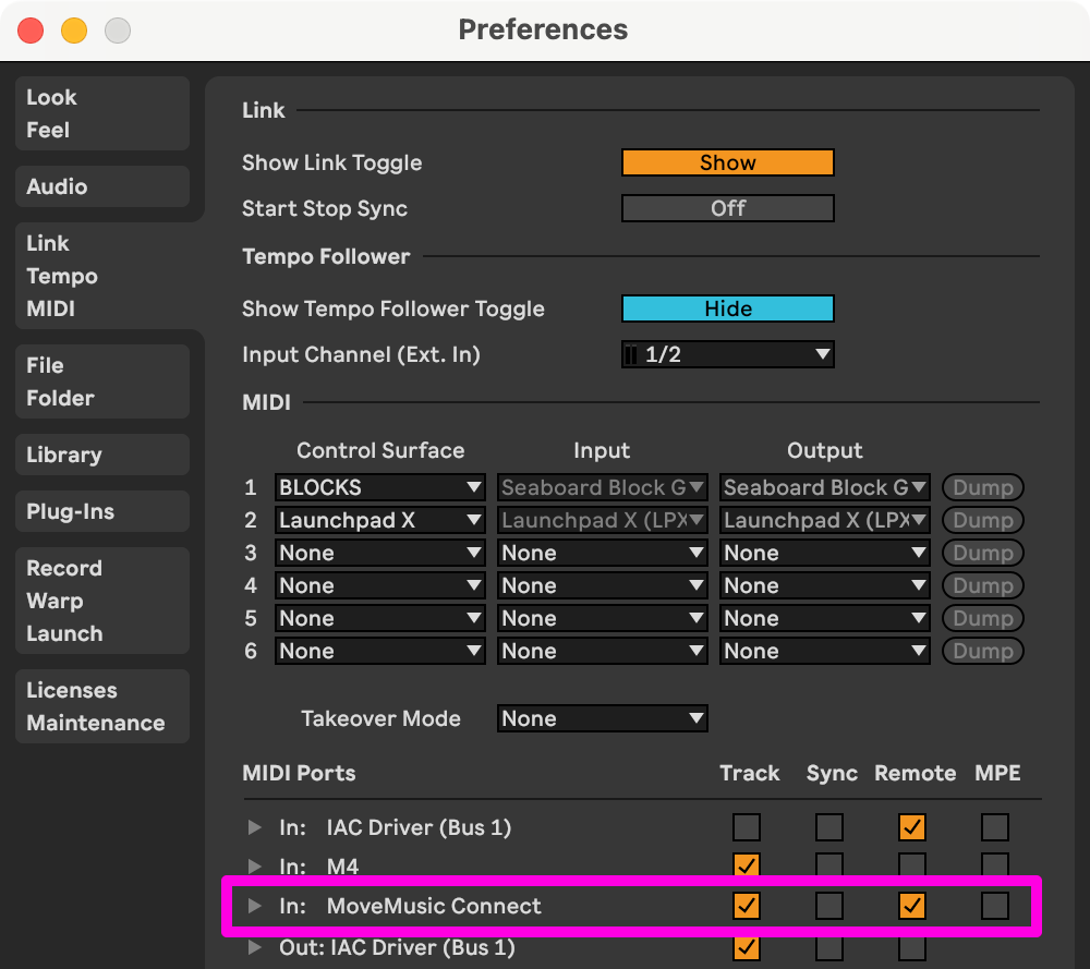 Screenshot of Ableton Live software preferences in tab Link Tempo MIDI with box highlighting the text 'In: MoveMusic Connect' under section MIDI Ports with the Track and Remote settings checked.