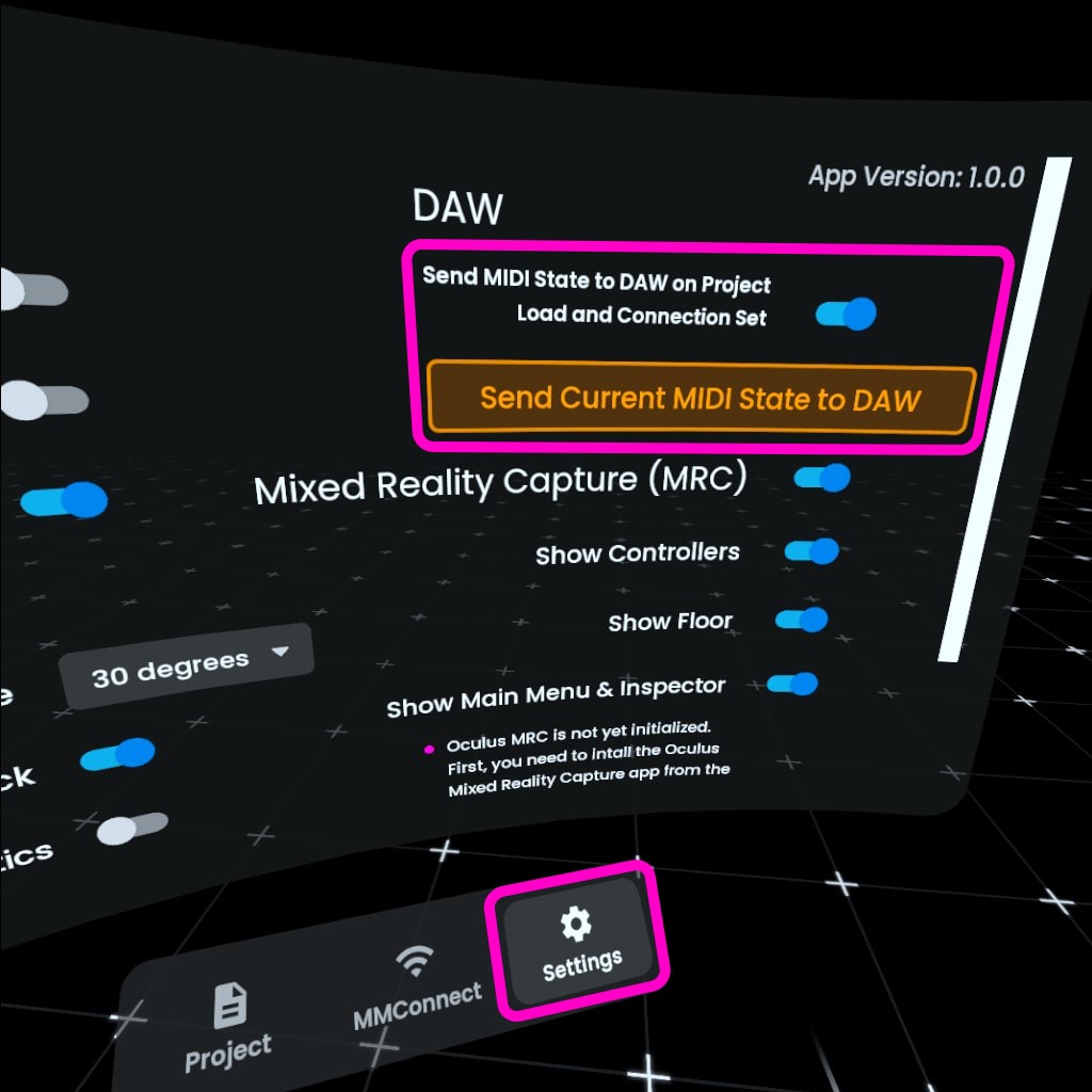 Screenshot of MoveMusic Control VR app main menu that shows a button and switch for synching MIDI state with the DAW.
