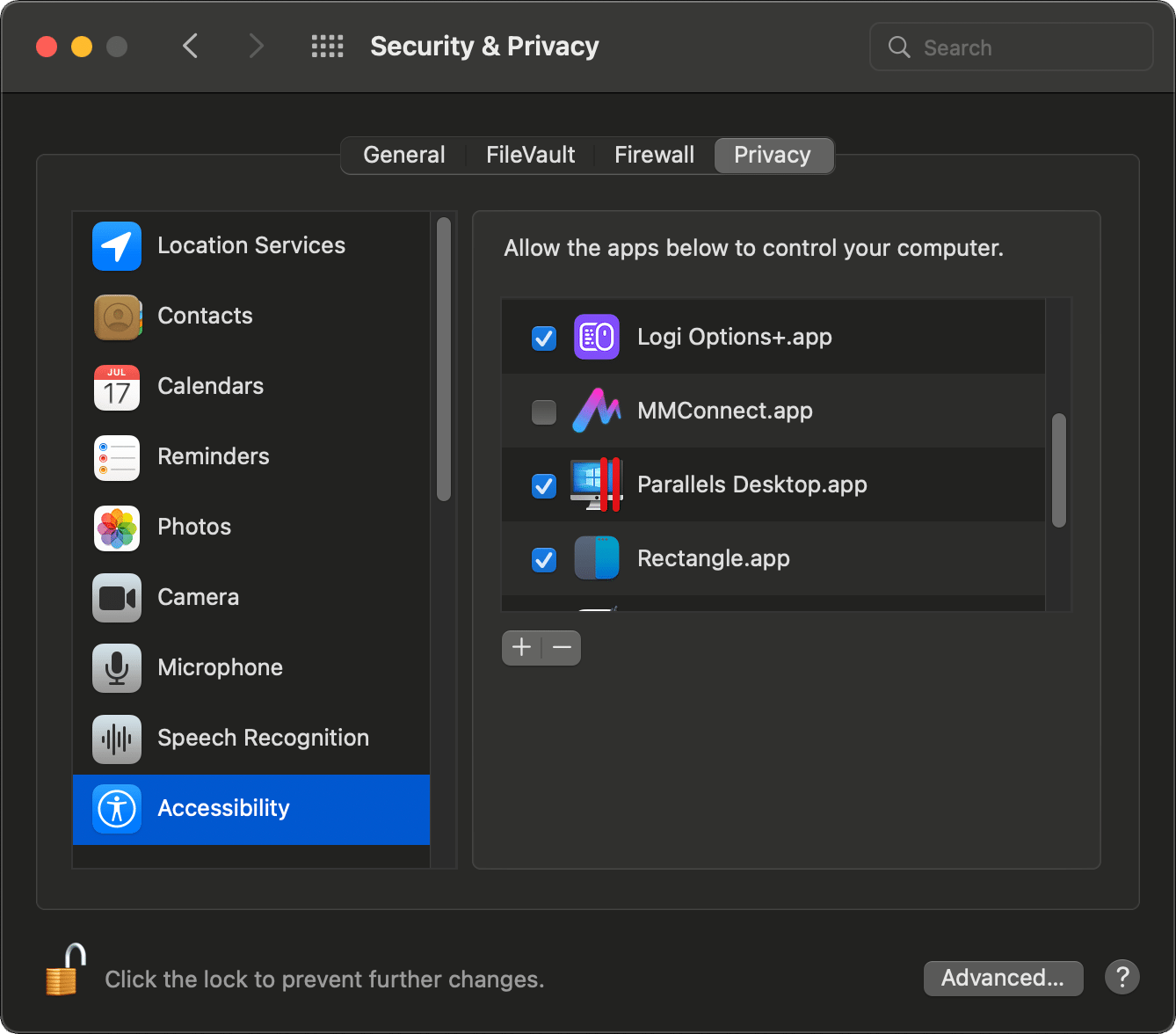 MacOS System Preferences with MMConnect disabled for Accessibility permissions.