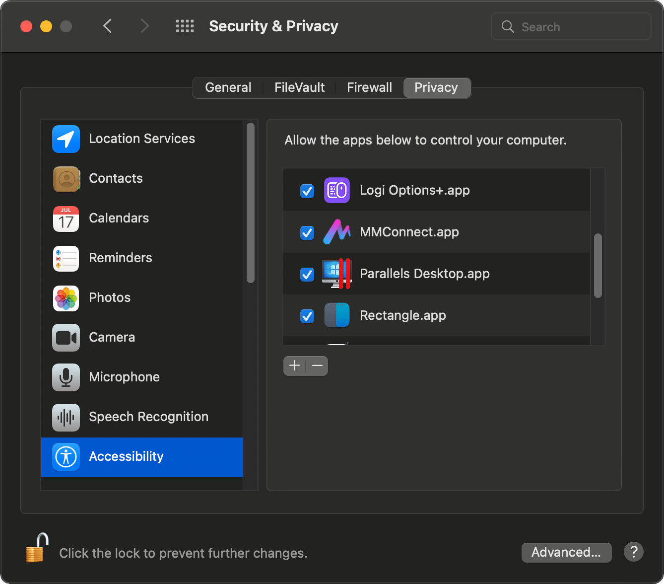 MacOS System Preferences with MMConnect enabled for Accessibility permissions.