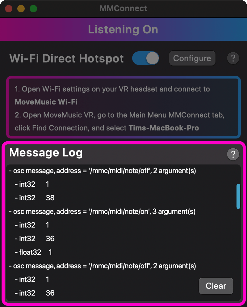 Screenshot of MMConnect software that highlights the Message Log section where MIDI and OSC message text are shown.