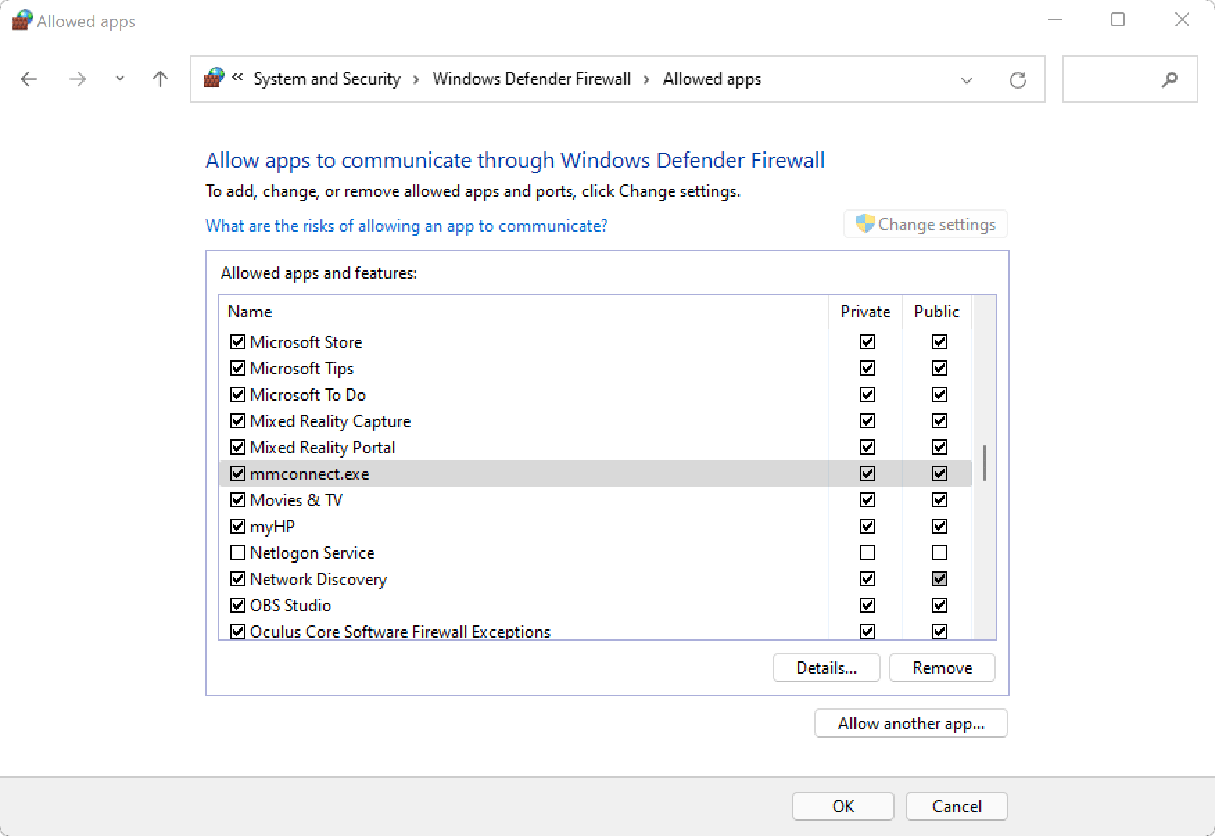 Screenshot of Windows Defender Firewall with mmconnect.exe highlighted in the menu and checkboxes checked for both public and private connections.